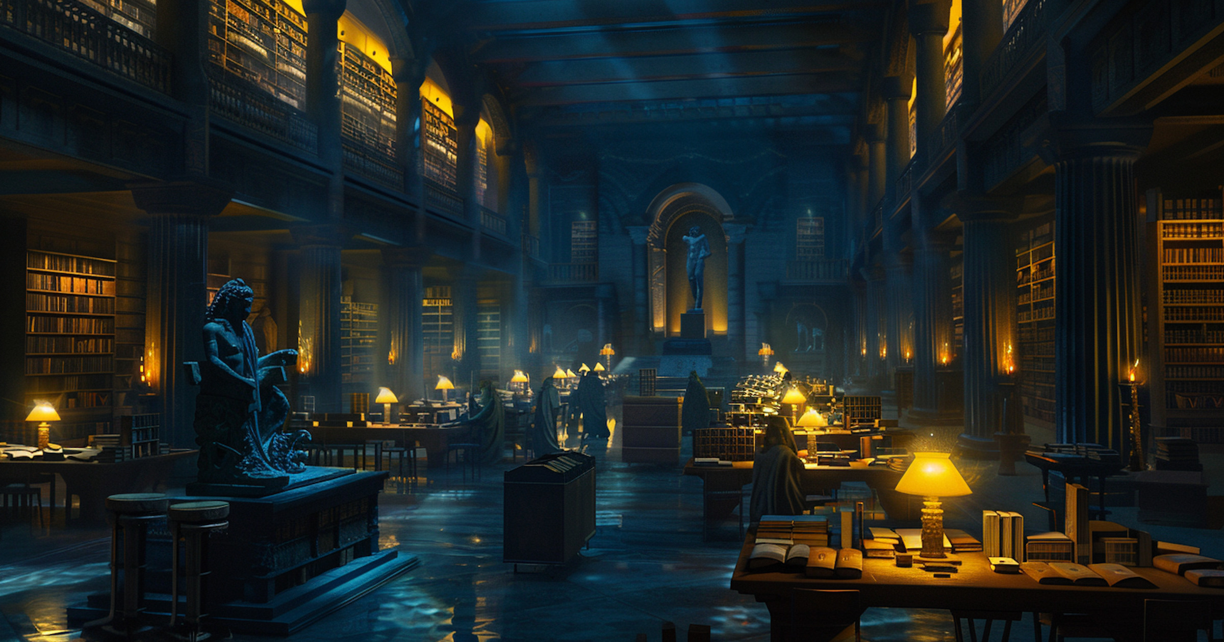 inside the library of hypatia, racks of scrolls, scribes working at tables, lit oil lamps and candles cast a yellow glow.