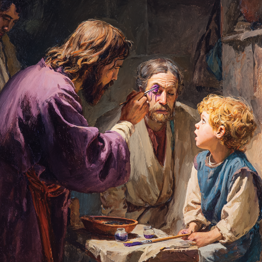 Jesus applying the Kollourion pharmakon to a blind man in revelation 3:18, to induce visions