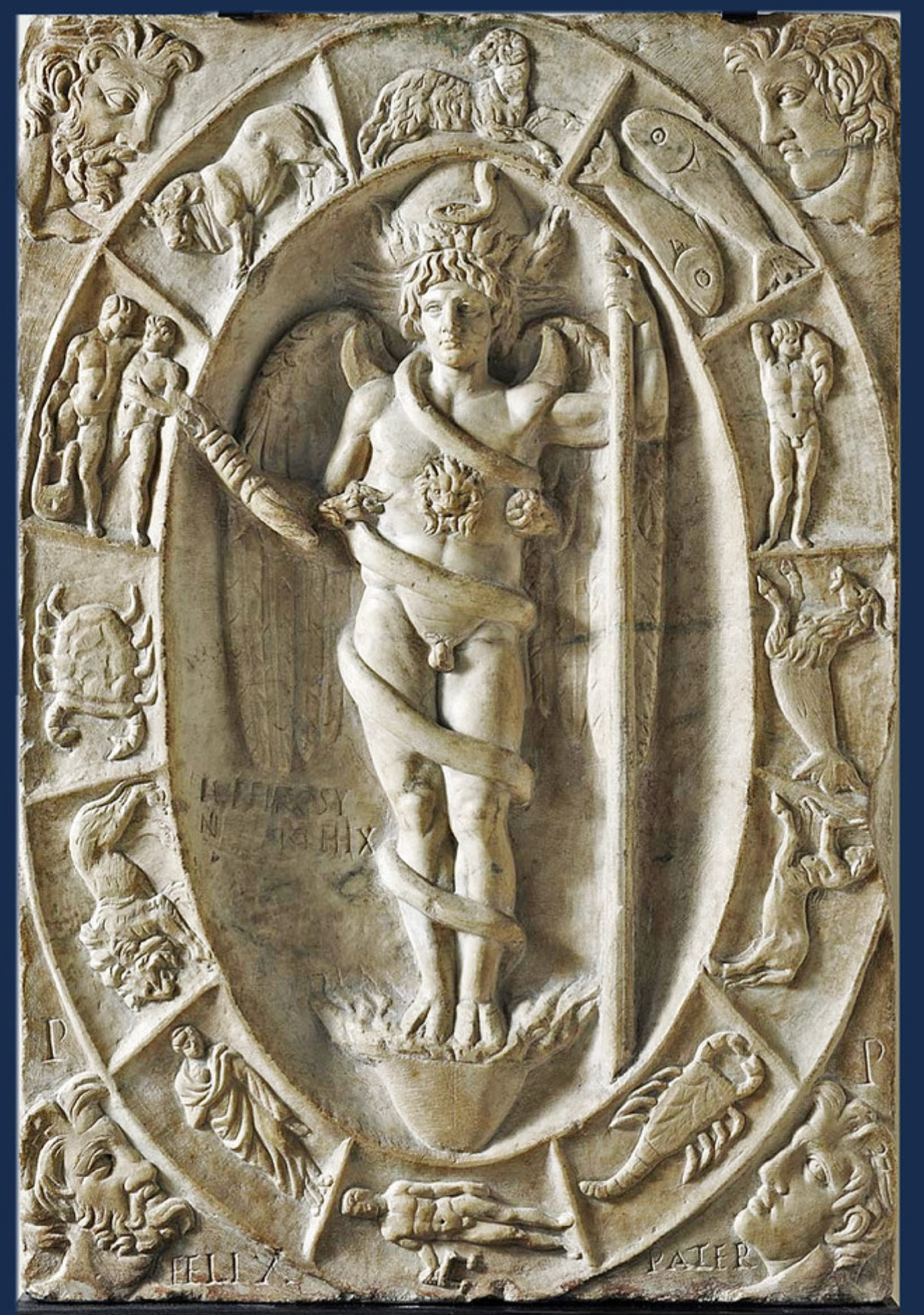 Phanes breaking out of the egg with flames, wrapped in a snake, surrounded by zodiac