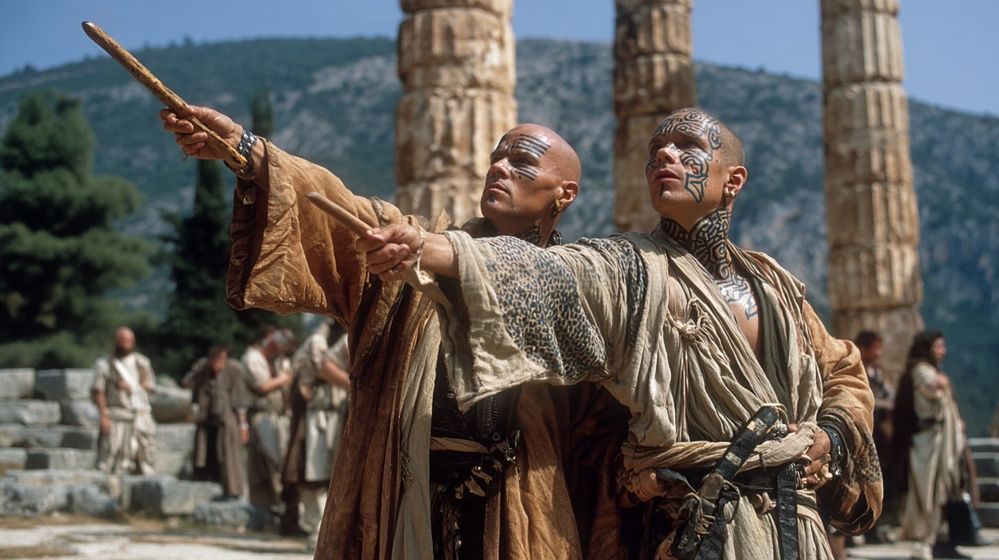 two ophis priests hold 'wooden things', one for life, one for gnosis